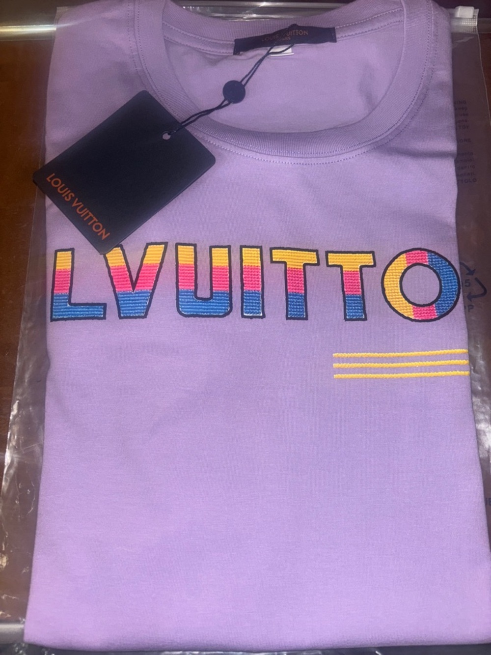 Louis Vuitton Lavender Tee with Multicolor Embroidered Logo read 👇